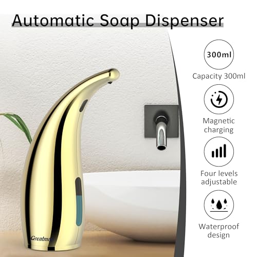 Touchless Liquid Soap Dispenser, 300 mL, Gold, Rechargeable | Magnetic charging, 4 adjustable 0.4–3 mL output levels, IP65 splash protection and 10-second self-cleaning mode - color: Polished Gold