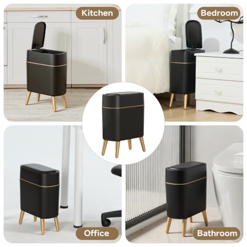 Black and Gold Sensor Trash Can Bathroom,Smart Plastic Wastebasket | Waterproof,Narrow,Motion Sensor, Convenient and Hygienic Easy to Use,2.6 gallon Small Garbage Can for Office,Bedroom,Kitchen - color: Black