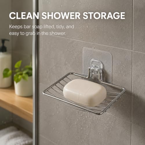 Bar Soap Holder for Shower Wall, Adhesive Stainless Steel Dish with Hooks, Rustproof Saver Tray for Bathroom Kitchen Sink, No Drilling Sponge Razor Storage Caddy, Square Drain Rack