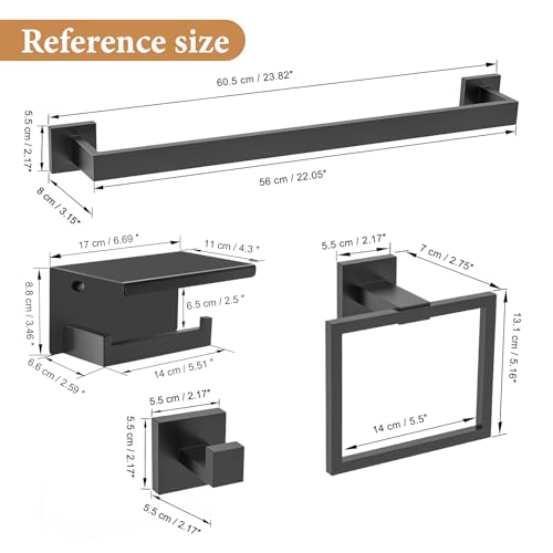 TURS Bathroom Hardware Set Black 4-Piece Towel Bar Set Include 24 Inch Towel Bar Towel Ring Towel Hook Toilet Paper Holder with Shelf Wall Mounted. - color: Matte Black, size: Set C