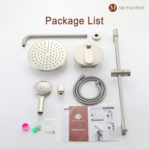 MONDAWE 9 Inch Wall Mounted Shower Faucet Set in Brushed Nickel, Rainfall Shower Head with 3-Setting Handheld Spray Shower Set Combo, High Pressure Shower System with Solid Brass Valve - color: Brushed Nickel, style: 9 IN - Without Tub Spout