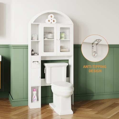 Over The Toilet Storage,Arched Wooden Over The Toilet Storage Organizer with Double Doors,Multiple Compartments and Open Shelves,Anti-tip Device,Space Saving (Toilet cabinet-white-01)