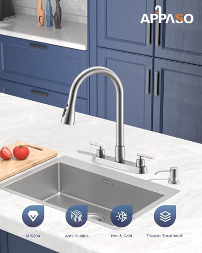 APPASO 4 Hole Kitchen Faucet with Pull Down Sprayer and Soap Dispenser | Brushed Nickel Dual Handle Kitchen Faucets for 3-4 Hole Sink 8'' Center, High Arc Lead-Free Certified, Easy to Install - color: 1-Brushed Nickel