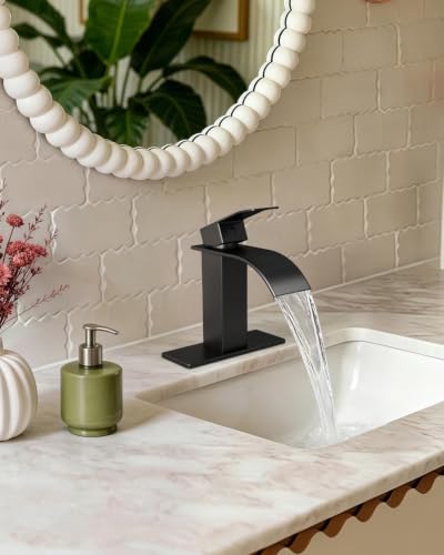 Waterfall Single Handle Bathroom Sink Faucet with Drain Black | Matte Black Vanity Faucet with Pop-up Drain, Ceramic Valve, for 1 or 3 Hole Modern Bathrooms. - color: Matte Black x 2
