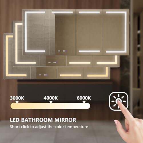 84" W Smart Lighted Medicine Cabinet with Mirror for Bathroom, Recessed/Surface Mount Medicine Cabinet with Anti-Fog, 1800W Charging Station, USB Ports, 3 Color Lights