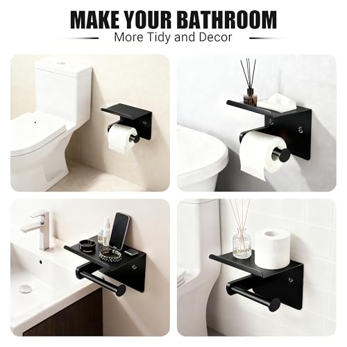 Matte Black Toilet Paper Holder with Shelf, SUS304 Stainless Steel Rustproof Wall Mount Toilet Paper Roll Holder, Screw Bathroom Toilet Paper Holder for Kitchen, Washroom, RV - color: Matte Black