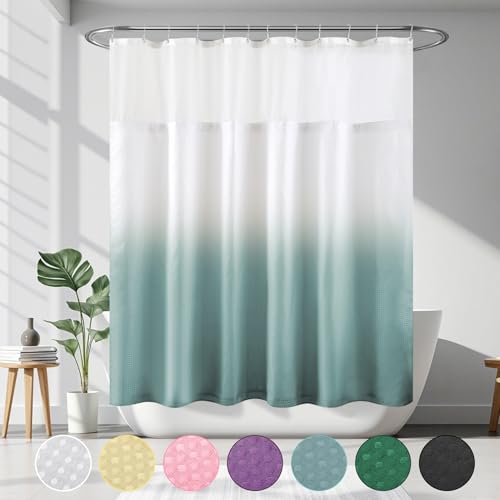 YI & ZE Teal Blue Waffle Weave Shower Curtain with Snap-in Liner, 72W x 72L | Slub Textured Heavy Fabric, Waterproof & Washable, Equipped with 12 Metal Hooks - color: Waffle Teal, size: 72"W x 72"L (Pack of 1)