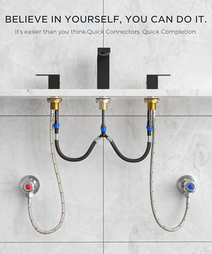 QFN Matte Black Bathroom Faucet 3 Hole 8 Inch Widespread for Vanity Faucet | Two Handles Bathroom Sink Faucet Lead-Free Square Design with Supply Lines, 4-12 Inch 3 Hole Install, for RV Vanity Laundry - color: Matte Black, style: Square