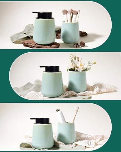 Bosilunlife 12Oz Ceramic Foam Soap Dispenser for Bathroom Kitchen Counter | Premium countertop foam pump creates delicate dense foam, stable desktop placement,Light Green - color: Green