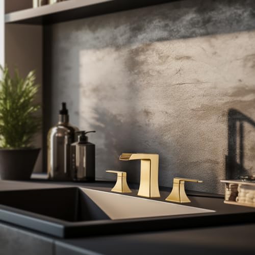 Brushed Gold Waterfall Bathroom Faucet, Sanliv 2-Handle Widespread Bathroom Faucet for 3-Hole Sinks 4-8 inch, Modern Vanity Faucets with Pop Up Drain, Champagne Bronze - color: Brushed Gold