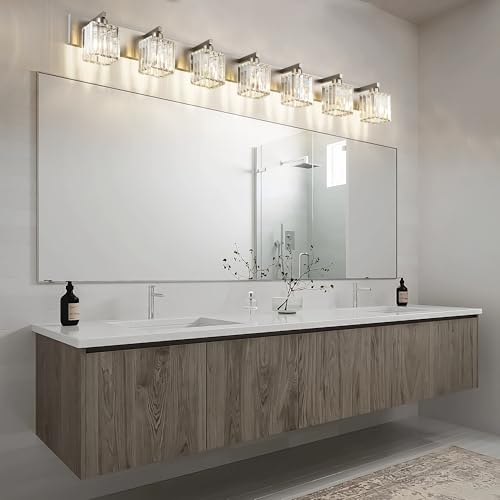 Aipsun Brushed Nickel Bathroom Light Fixtures Crystal Vanity Lighting Fixture Modern Bathroom Vanity Light 7 Light (Exclude Bulb) - color: Brushed Nickel, size: 58 inch
