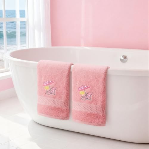 SmoothNovelty 2 Pcs Beach Chair Hand Towels Pink Bathroom Decor 14x29 Inch Embroidered 100% Cotton Soft Absorbent Spring Summer Decorative Hand Towels for Bathroom Kitchen - style: Cute Beach Chair