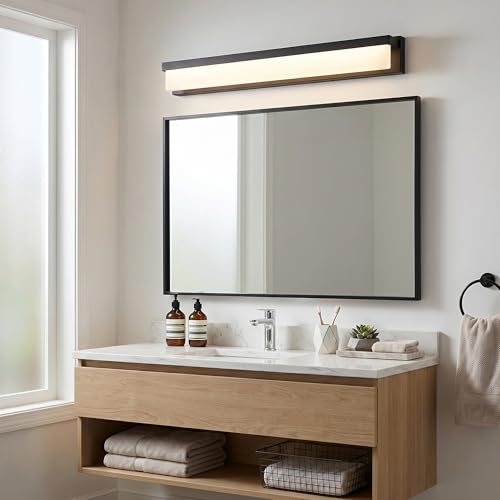 URSOLA LED Bathroom Vanity Light Fixture Over Mirror 32.3 inch Modern Rectangle Black Matte Metal Lighting Bar 4000K Daylight Wall Sconce (Black) - color: Black, size: 32inch