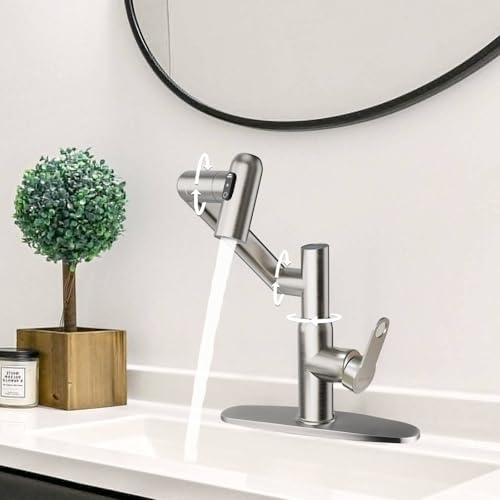 Rotatable Bath Faucet with Temp Display in Celsius, Single Hole Brushed Nickel and 3 Outlet Modes Faucet, Battery-Free - color: Brushed Nickel