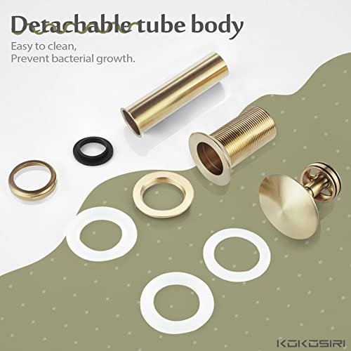 KOKOSIRI Pop Up Sink Drain with Strainer Basket, Brushed Gold Bathroom Sink Drain with Detachable Hair Catcher Anti Clogging for Vanity Vessel Sink Without Overflow, C1002BG - color: Brushed Gold