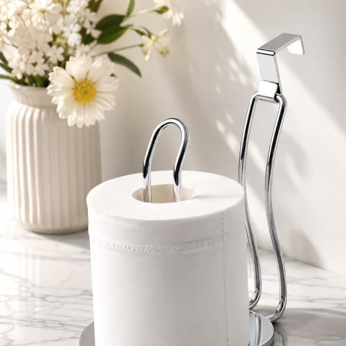 Over Tank Toilet Paper Holder, Silver Chrome Metal Hanging Bathroom Tissue Roll Dispenser with Extra Reserve Storage, Space Saving Back of Toilet Organizer for Small Bathroom RV Camper, Fits 1 Roll