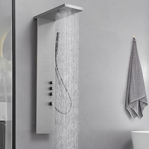 3 IN 1 Shower Panel Tower System Wall Mount Brushed Nickel | Stainless Steel,Rain Shower Head,Body Massage Jets and Handheld Head,Stable Water Pressure Output,Easy to Wipe Limescale - color: Brushed Nickel, style: Shower Panel-Standard