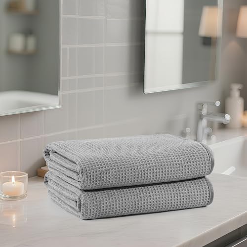 POLYTE 380 GSM Poly Blend Microfiber Quick Dry Waffle Bath Towel, 30x60 in | 2 Pack, Oversize, Lint Free, Body Towel - color: Light Gray