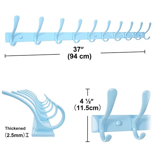SKOLOO Coat Rack Wall Mounted - 10 Hooks, Heavy Duty, Stainless Steel, Metal Wall Hanger, Sturdy Coat Hooks for Hanging Coats, Jacket, Clothes, Hat, Blue - color: Blue, size: 10 Hook(1 Pack)