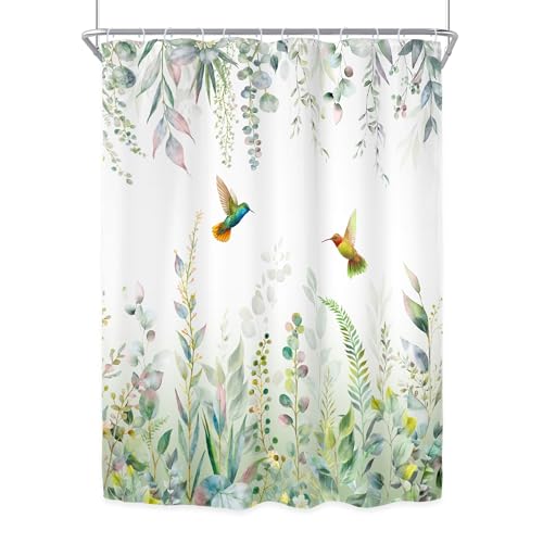 Sage Green Eucalyptus Spring Hummingbird Plants Bathroom Shower Curtain Set | 54"W x 78"H Botanical Leaves; waterproof HD print, quick-dry fabric with 12 free hooks for easy hanging. - color: A-sage Green, size: 54"W x 78"L (Pack of 1)