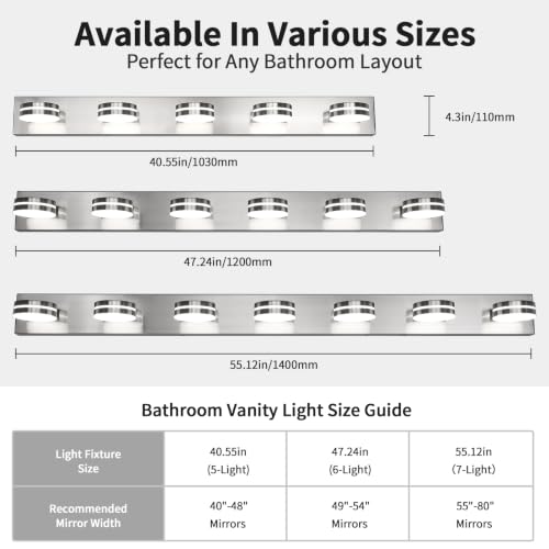 LED Brushed Nickel Bathroom Vanity Lights 5 Light 40.55in | 30W LED Bathroom Light Fixtures Over Mirror, with 360° Rotating Lamp Head, 5CCT Dimmable, Dimmer Switch Not Included - color: Nickel-5CCT-Dimmable