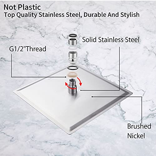 Rain Shower Head Brushed Nickel with Extension Arm 12 Inch Square Shower Head with 16 Inch Shower Arm Large Stainless Steel Rainfall Showerhead Waterfall Full Body Coverage by GGStudy - color: Brushed Nickel, size: 12inch