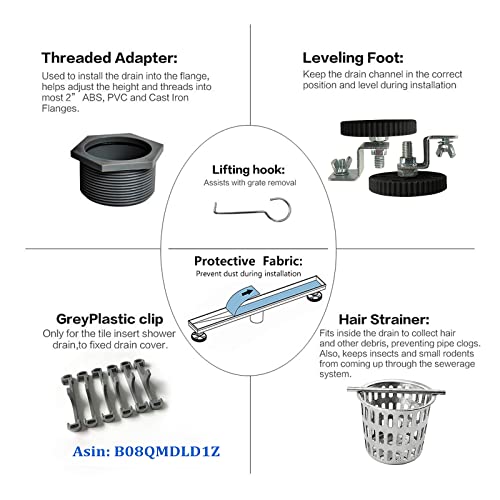 Neodrain 54-Inch Linear Shower Drain-Brushed,with Tile Insert Grate | 304 Stainless Steel, Fast Drainage, Rectangle Shower Floor Drain with Leveling Feet & Hair Strainer, Fits Bathroom, Balcony - color: Brushed, size: 54 IN