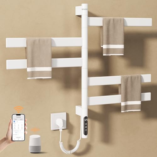 Smart Rotating Heated Towel Rack, 5-Bar Wall-Mounted, White | Electric Towel Warmer for Bathroom, Swivel Bars, Wi-Fi App Control, 1-24H Timer, 115-155°F, 120W, IPX5, Plug-In or Hardwired - color: White 17.72"x26.77"