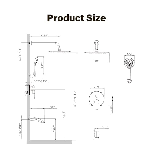 Gabrylly Shower System with Tub Spout, Black Bathtub Shower Faucet Set with 3-Way Pressure Balance Valve Kit, 10" Rain Head with Handheld Spray, Matte Black - color: Matte Black, style: 10 Inches-With Tub Spout