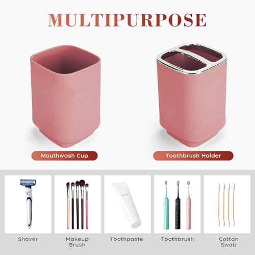 4Pcs Pink Bathroom Set, Square Boho Soap & Toothbrush Holder Set | Thick shatterproof ABS, electroplated rust-proof pump, drip-free, multi-slot holder, dustproof lids, easy-clean - color: Pink, size: 4PCS