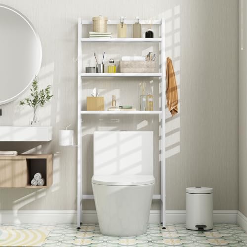 Giantex Over The Toilet Storage, 3-Tier Freestanding Bathroom Space Saver with 2 Hooks, Toilet Paper Holder & Adjustable Bottom Bar, Metal Over Toilet Bathroom Organizer for Restroom, Laundry (White) - color: White
