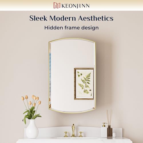 Keonjinn Medicine Cabinet 16 x 26 Inch, Surface Mount or Recessed Cabinets with Mirrors, Gold Metal Framed Wall Mirror with Storage, 2 Adjustable Shelves, Beveled Edge Frame | Adjustable Shelves, Different Curved Frame Design, Wall Mirror with Storage, Su