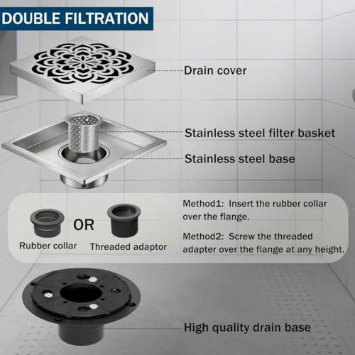 6 Inch Shower Drain, Square Shower Floor Drain Kit with Flange and Removable Cover Grate, AISI 304 Stainless Steel, Brushed Nickel - color: Brushed Nickel, size: 6 inches