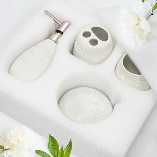CERBIOR Bathroom Accessories Set,4 PCS Ceramic Bath Accessory,White | Includes Toothbrush Holder, Toothbrush Cup, Soap Dish for Decorative Countertop and Housewarming Gift - style: White