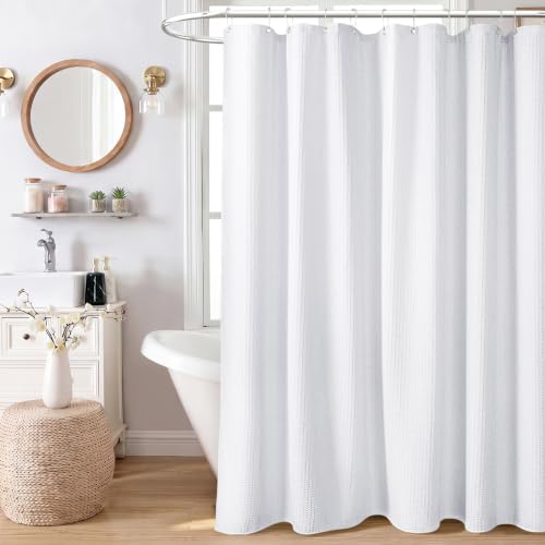 Stall Waffle Shower Curtain 256 GSM Heavy Fabric 48x72 White | 48 Inch Wide, Thick Cloth, Weighted Hem, Water Repellent, Hotel Luxury Polyester Shower Curtain Set for Bathroom 8 Hooks - color: A. White, size: 48"W x 72"L (Pack of 1)