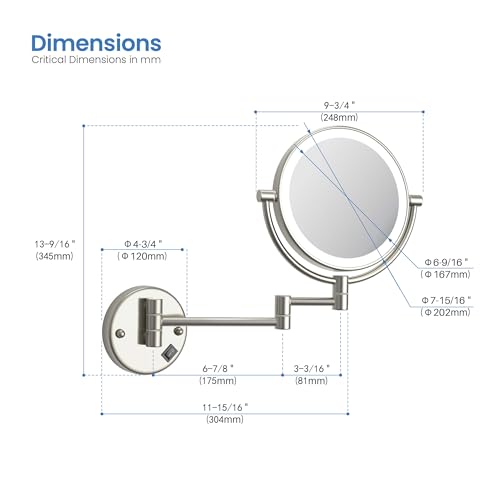 KIBI Circular Wall Mount Makeup Mirror with LED Lights, Dual-Sided 1x/5x Magnifying Mirror with Adjustable Arm, 360° Swivel, Solid Brass Construction for Durability and Style (Brushed Nickel, KMM101) - color: Brushed Nickel