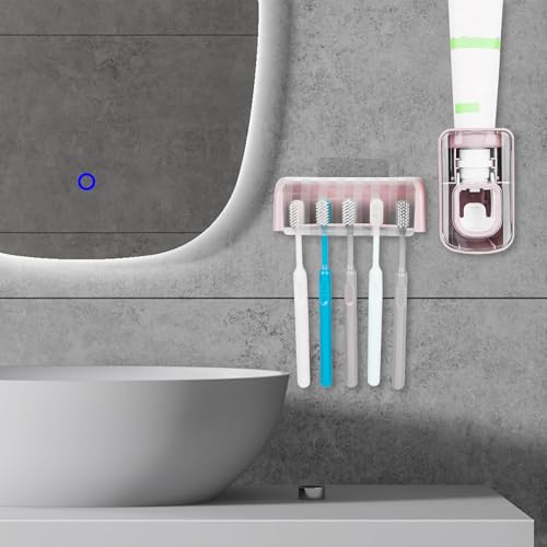 5 Slots Wall Mount Toothbrush Holder with Cover, Self Adhesive Toothbrush Storage Organizer for Shower, Toothbrush Hanger with Automatic Toothpaste Squeezer Dispenser (Pink) - color: Pink Combination