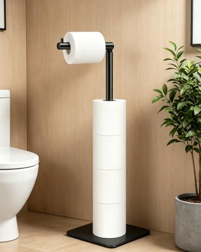 Free Standing Toilet Paper Holder, Bathroom Toilet Paper Stand with Shelf Hold 4 Paper Rolls, Modern Square Base Tissue Roll Storage Holder, Black, Naturous