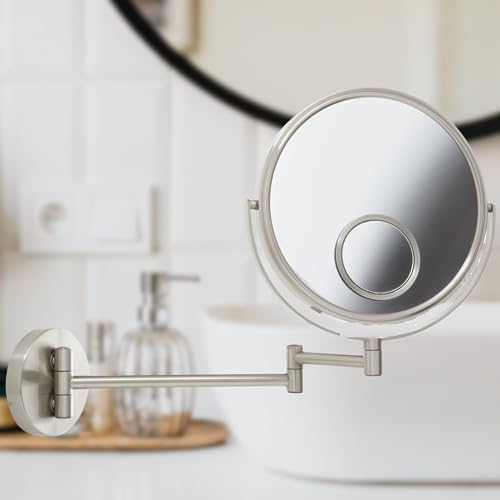 JERDON Wall-Mounted Makeup Mirror - 10X Magnification - Nickel - JP7510N | 8" Round Frame, 15X Spot Mirror, 10" Wall Extension