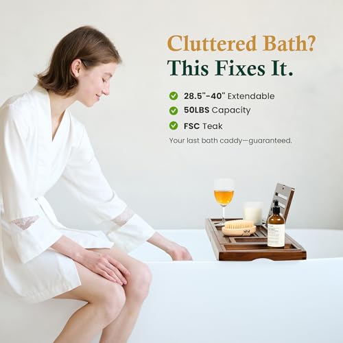 Teak Bathtub Tray Caddy, Adjustable Wood Bath Organizer | Rich Brown Wood Finish, Built-In Wine Glass Holder, Phone Dock & Book Stand, Water-Resistant Seal, Spa Design - color: Classic Brown Teak