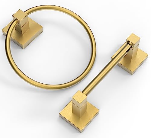 RUACQ Brushed Gold Toilet Paper Holder & Towel Ring, Bathroom Accessories | 2-Piece Bathroom Hardware Set, Pivoting Tissue Roll Holder, Hand Towel Ring, Square Base, 304 Stainless Steel, Wall Mounted - color: Brushed Gold, size: 2pcs