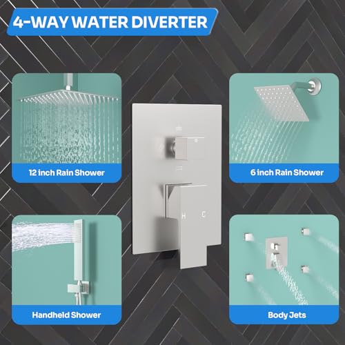 Enga Dual Shower Head Shower System with Body Jets, 12" Ceiling Mounted Rain Shower Head & 6" Wall Mounted Head Full Body Rainfall Shower Faucet with Valve Kit, Brushed Nickel - color: Brushed Nickel, style: Ceiling-12"+6"+Jets