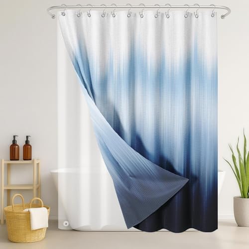 3 in 1 Shower Curtain and Liner,72 x 72 inch, Abstract Navy | Teal Inspirational Modern Double Layers Waterproof Fabric with See Through Top Window Open Grommet Bath Curtain - color: Abstract Navy Blue