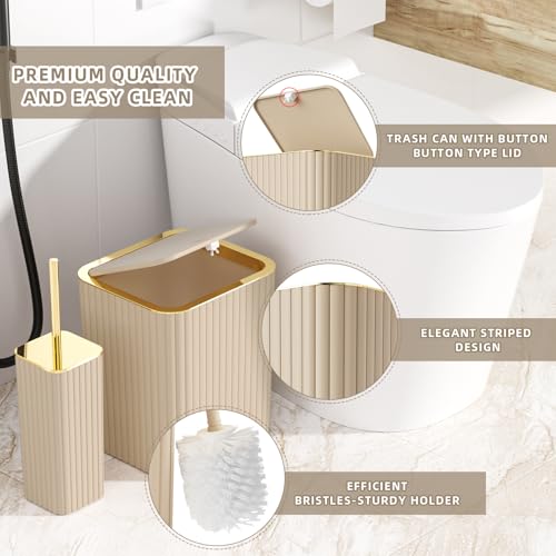 XLHOMO Bathroom Accessories Set - 25PC Bathroom Sets with Shower Curtain and Rugs, Beige Bathroom Accessories with Trash Can, Soap Dispenser, Soap Dish & Toilet Brush - size: Bath Set+Shower Curtain+Rugs, style: Beige&Gold