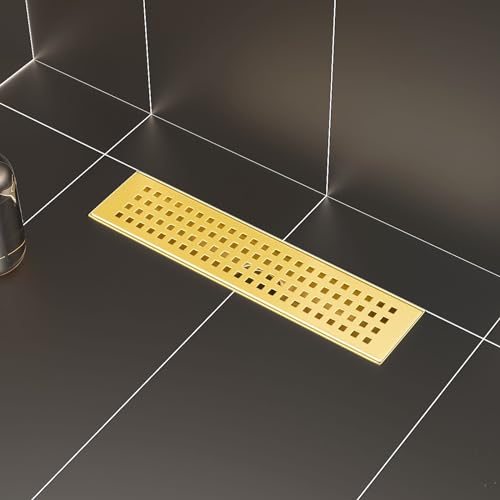 SaniteModar Linear Shower Drain 12 inch Brushed Gold with Square Hole Panel | AISI 304 Stainless Steel Brushed Gold Linear Dain Rectangle Shower Floor Drain with Hair Strainer and Leveling Feet - color: Brushed Gold, size: 12 Inch