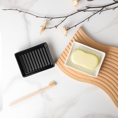 Black Rectangle Soap Dish - Modern Ceramic Hand Soap Holder Non-Slip Bar Soap Holder Soap Tray for Bathroom, Kitchen Sink, Shower, Countertop, Easy to Clean - color: Black