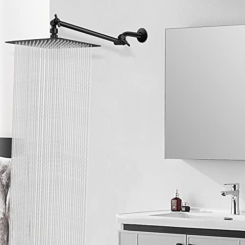 High Pressure Large Stainless Steel Square Rain ShowerHead With Shower Arm Waterfall Full Body Coverage Easy to Clean and Install (12 Inch With Arm, Matte Black) - color: Matte Black, size: 12 Inch With Arm