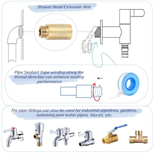 Shower Head Extension Arm, 2 Pack Brass G1/2 Male to G1/2 Female Thread 50mm Length Pipe Fitting Coupler Copper Shower Head Extender with 8M PTFE Pipe Sealant Tape - style: 50mm