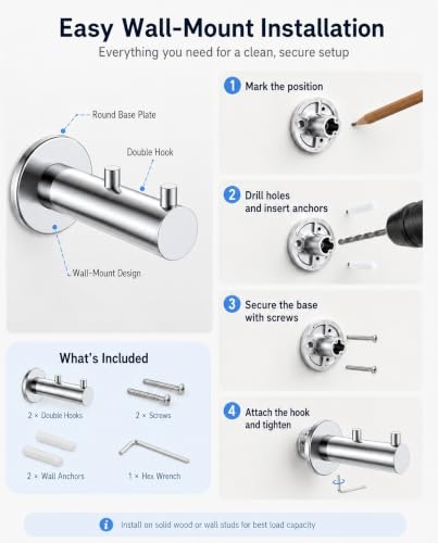 Hooks Heavy Duty Shower Hooks wall Hooks Hooks for Hanging(Chrome) | 304 stainless steel double hooks for bathroom, bedroom, closet, laundry, backpacks, bags and pet leashes - color: Chrome
