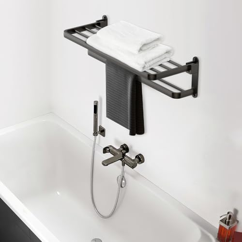 BOZWELL Bathroom Lavatory Towel Rack with Two Towel Bars,16-Inch(40cm) Towel Shelf with Towel Bar,Towel Holder 1011-GR-40 (Modern Gray Finish) - color: Modern Grey, size: 16 inch (40 cm)